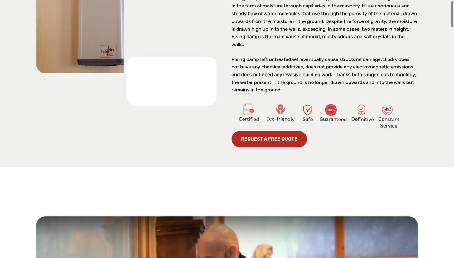 BioDry product explanation with trust badges and free quote call to action