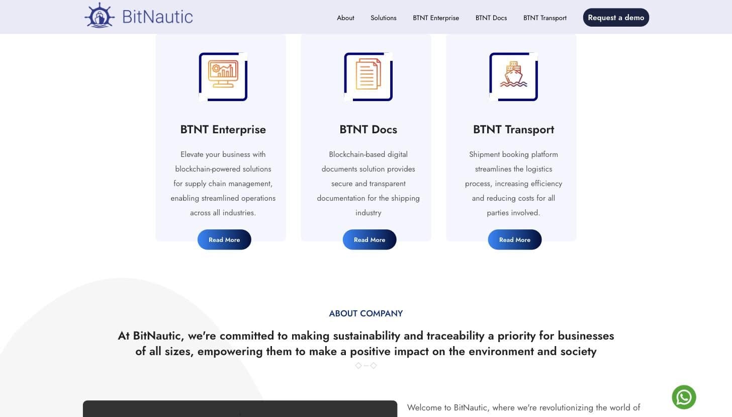BitNautic solution cards for BTNT Enterprise, Docs, and Transport