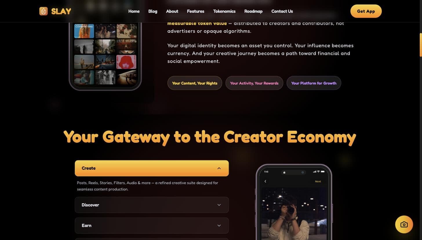Slay creative suite section with post, discover, and earn flows