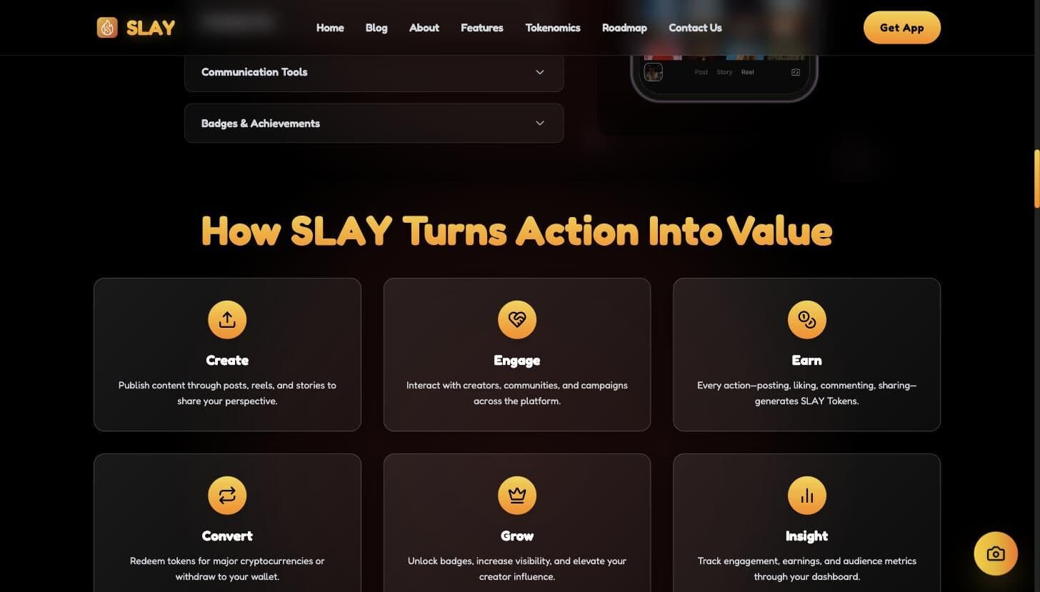 Slay feature grid showing how user actions convert into token value