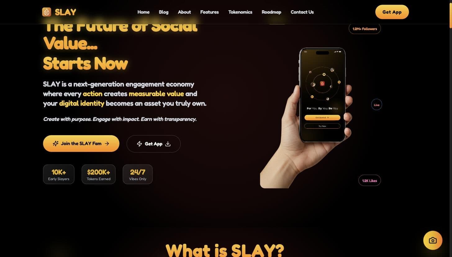 Slay landing page hero showing the mobile app and engagement economy stats